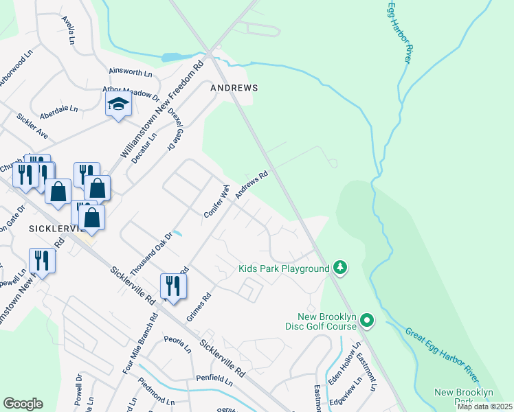 map of restaurants, bars, coffee shops, grocery stores, and more near 7 Linden Court in Winslow Township