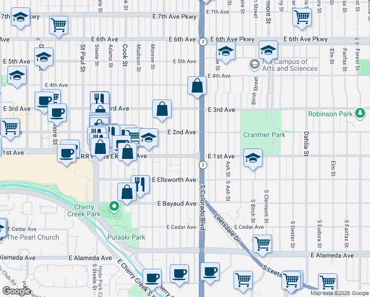 map of restaurants, bars, coffee shops, grocery stores, and more near 123 Harrison Street in Denver