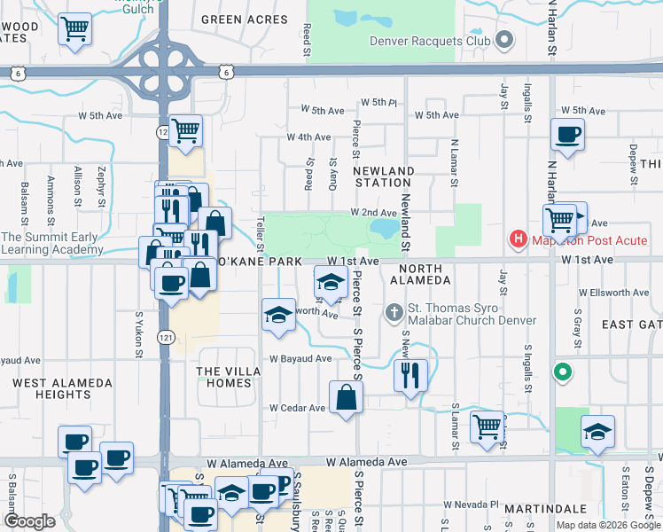 map of restaurants, bars, coffee shops, grocery stores, and more near 95 Quay Street in Denver