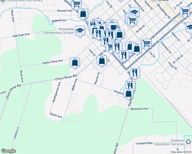 map of restaurants, bars, coffee shops, grocery stores, and more near 621 Pomona Avenue in Chico