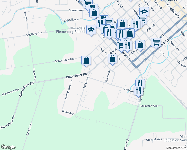 map of restaurants, bars, coffee shops, grocery stores, and more near 581 Pomona Avenue in Chico