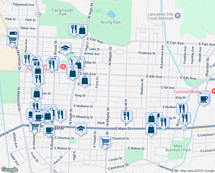 map of restaurants, bars, coffee shops, grocery stores, and more near 505 East 5th Avenue in Lancaster