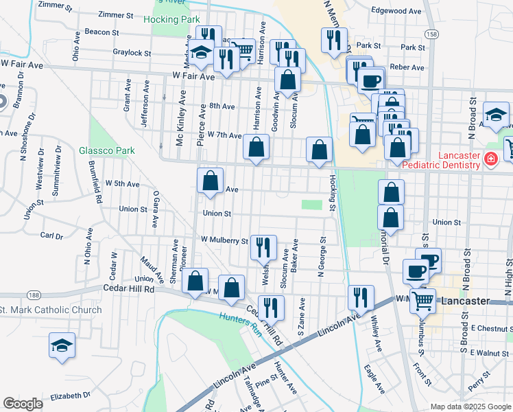 map of restaurants, bars, coffee shops, grocery stores, and more near 421 Harrison Avenue in Lancaster