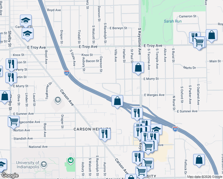 map of restaurants, bars, coffee shops, grocery stores, and more near 1872 East Werges Avenue in Indianapolis