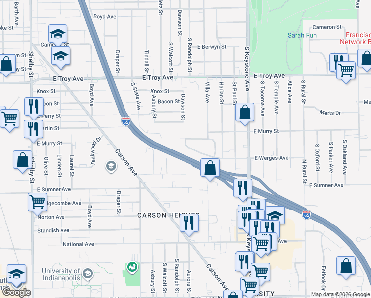 map of restaurants, bars, coffee shops, grocery stores, and more near 1872 East Werges Avenue in Indianapolis