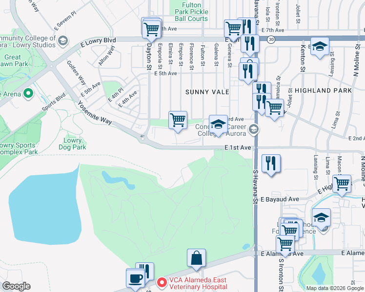 map of restaurants, bars, coffee shops, grocery stores, and more near 9953 East 1st Avenue in Aurora