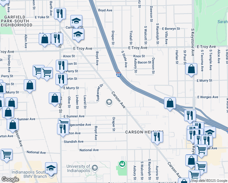 map of restaurants, bars, coffee shops, grocery stores, and more near 3341 Carson Avenue in Indianapolis