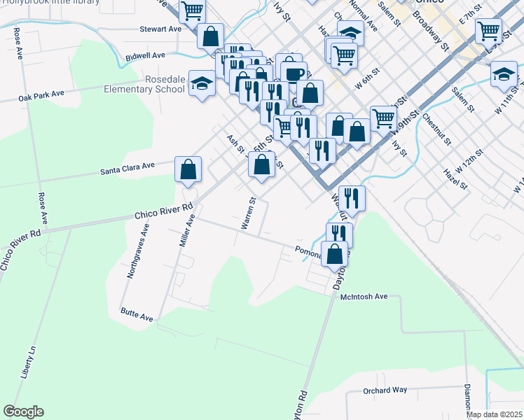 map of restaurants, bars, coffee shops, grocery stores, and more near 1414 Almond Street in Chico
