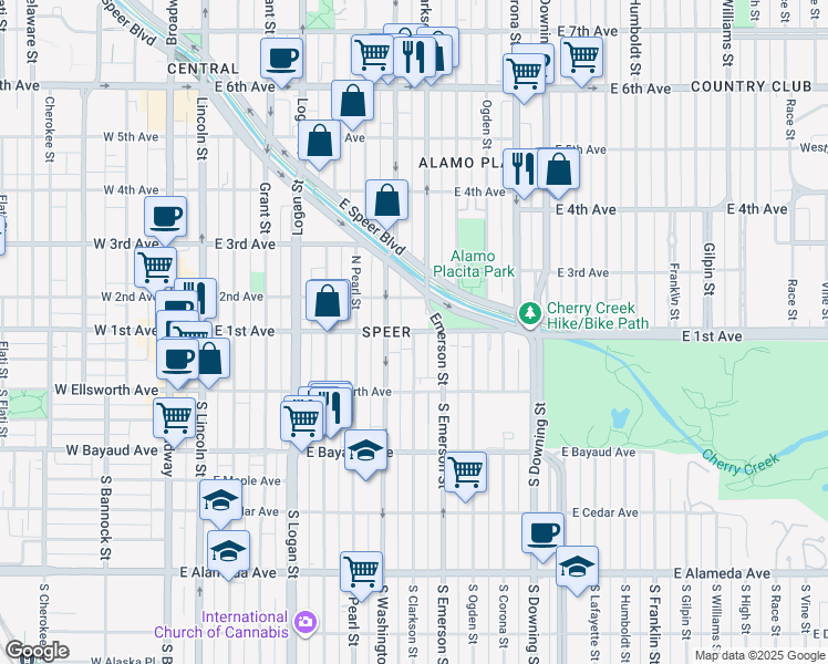 map of restaurants, bars, coffee shops, grocery stores, and more near East 1st Avenue & Clarkson Street in Denver