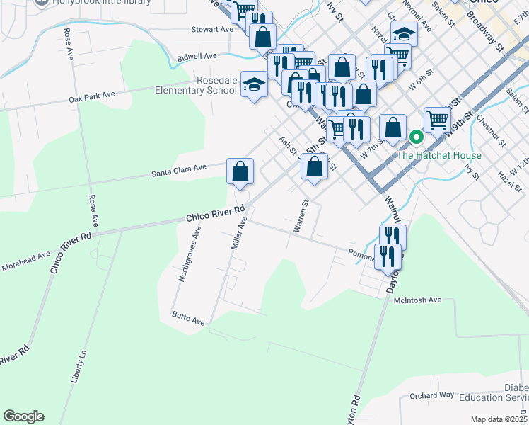map of restaurants, bars, coffee shops, grocery stores, and more near 581 Pomona Avenue in Chico