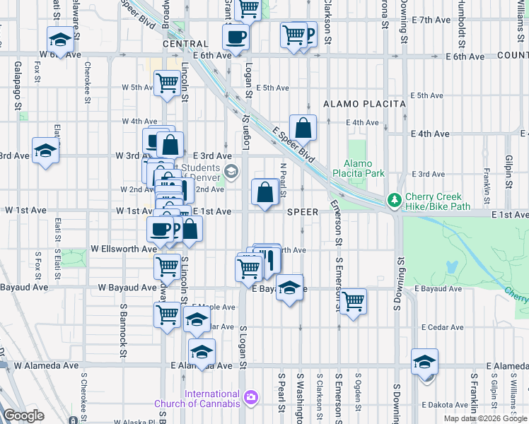 map of restaurants, bars, coffee shops, grocery stores, and more near East 1st Avenue & Pennsylvania Street in Denver