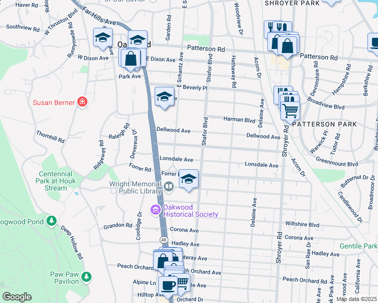 map of restaurants, bars, coffee shops, grocery stores, and more near in Oakwood