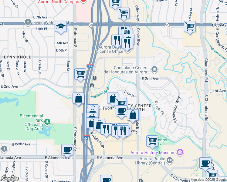 map of restaurants, bars, coffee shops, grocery stores, and more near 14261 East 1st Drive in Aurora