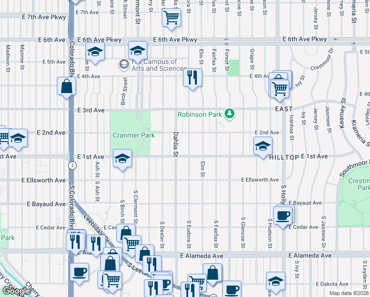 map of restaurants, bars, coffee shops, grocery stores, and more near in Denver