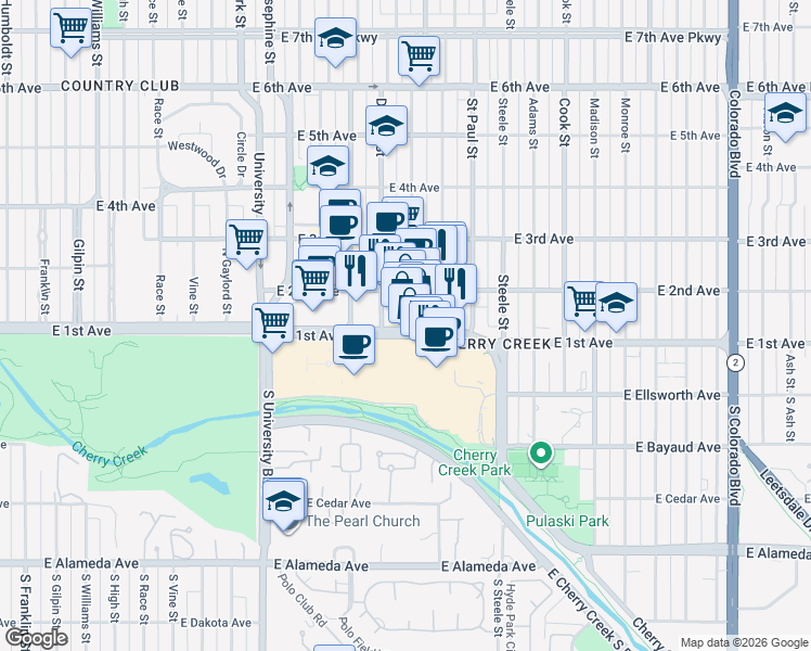 map of restaurants, bars, coffee shops, grocery stores, and more near 105 Fillmore Street in Denver