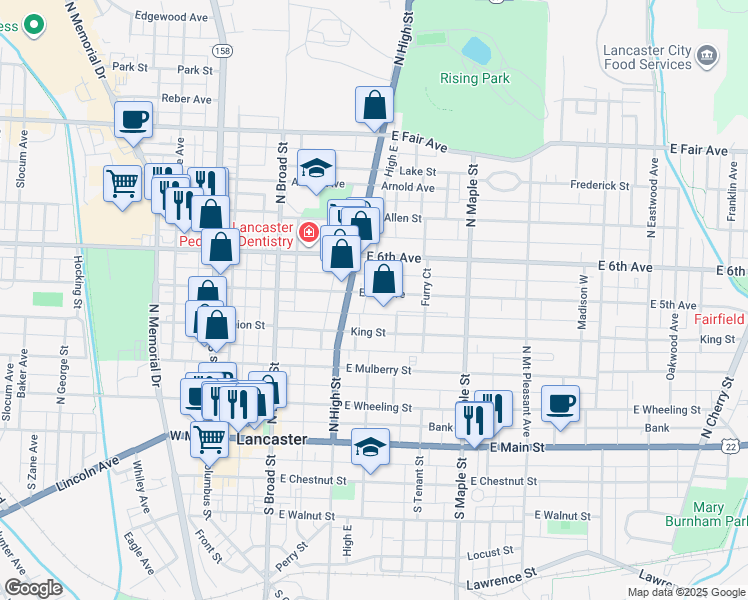 map of restaurants, bars, coffee shops, grocery stores, and more near 222 East 5th Avenue in Lancaster