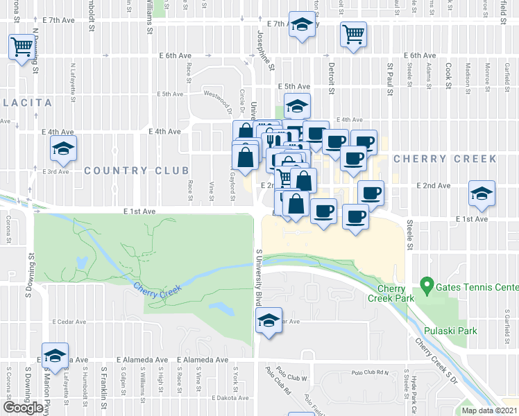 map of restaurants, bars, coffee shops, grocery stores, and more near Josephine St & University Blvd in Denver