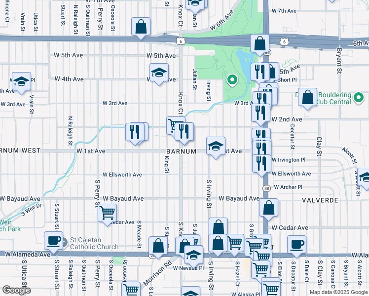 map of restaurants, bars, coffee shops, grocery stores, and more near 111 Julian Street in Denver