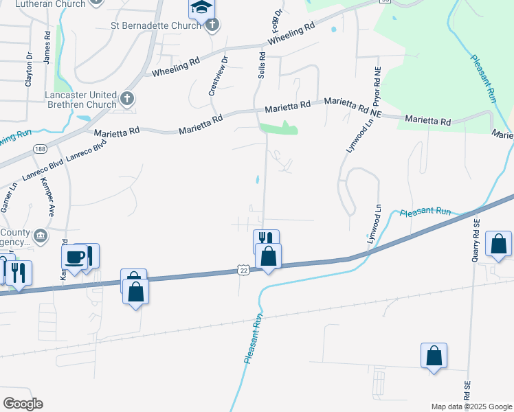 map of restaurants, bars, coffee shops, grocery stores, and more near 199 Sells Road in Lancaster