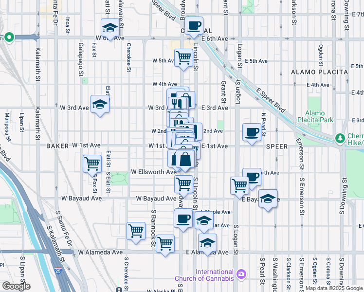 map of restaurants, bars, coffee shops, grocery stores, and more near Broadway & W 1st Ave in Denver