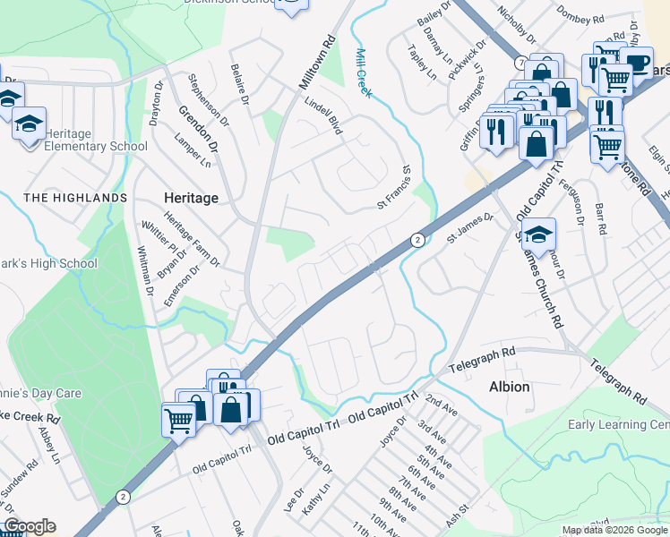 map of restaurants, bars, coffee shops, grocery stores, and more near 5159 West Woodmill Drive in Wilmington
