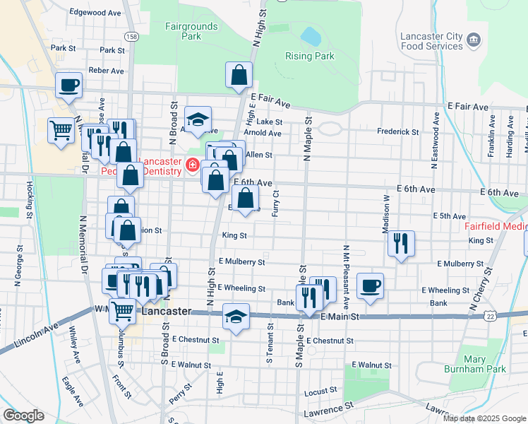 map of restaurants, bars, coffee shops, grocery stores, and more near 342 East 5th Avenue in Lancaster