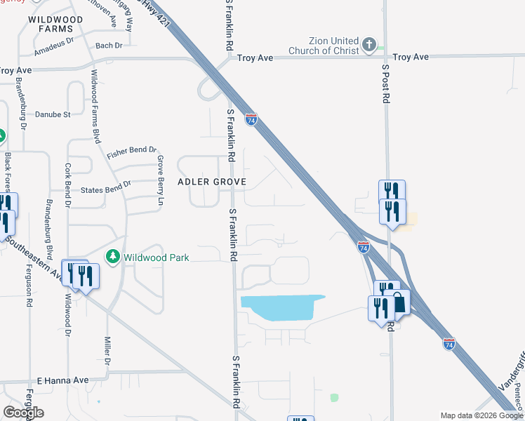 map of restaurants, bars, coffee shops, grocery stores, and more near 8515 Coralberry Lane in Indianapolis