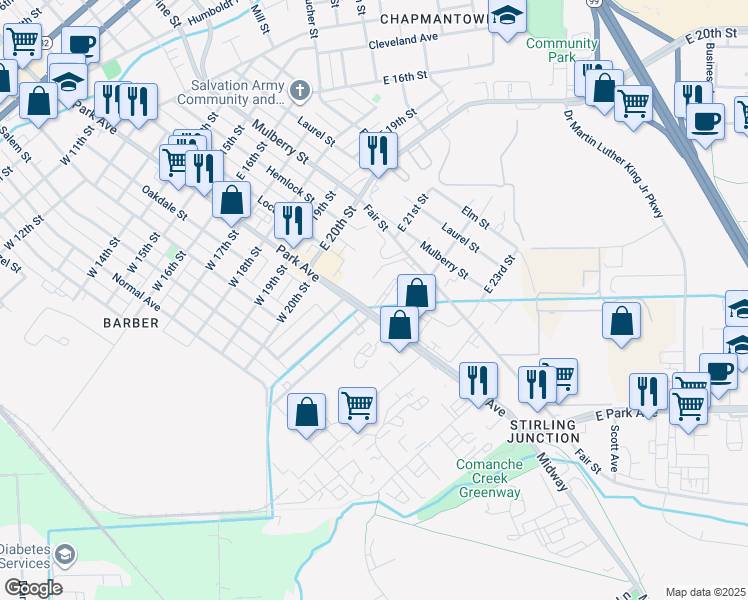 map of restaurants, bars, coffee shops, grocery stores, and more near 2125 Park Avenue in Chico