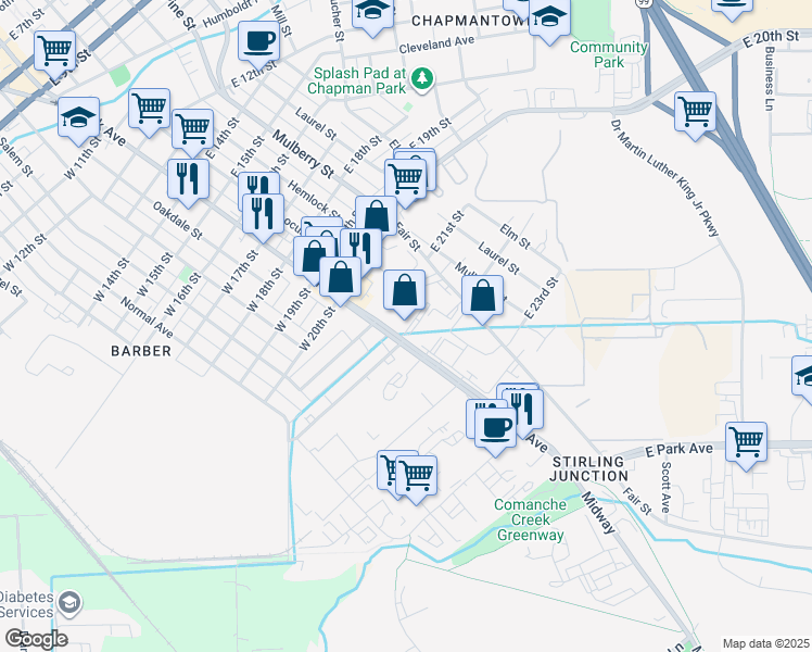 map of restaurants, bars, coffee shops, grocery stores, and more near 2145 Park Avenue in Chico