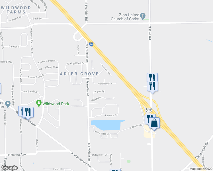 map of restaurants, bars, coffee shops, grocery stores, and more near 8545 Coralberry Lane in Indianapolis