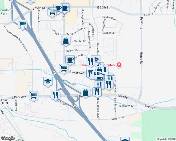 map of restaurants, bars, coffee shops, grocery stores, and more near 2451 Forest Avenue in Chico