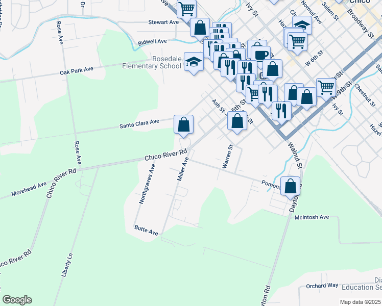 map of restaurants, bars, coffee shops, grocery stores, and more near 501 Miller Avenue in Chico