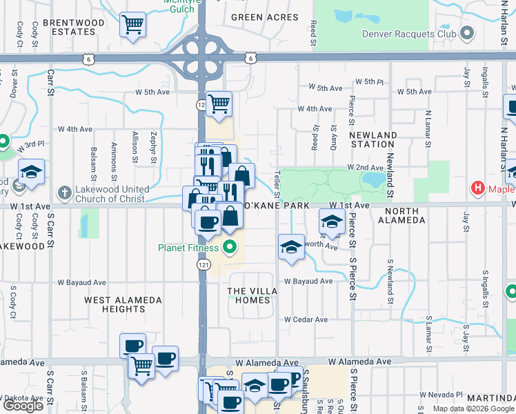 map of restaurants, bars, coffee shops, grocery stores, and more near 7285 West 1st Avenue in Lakewood
