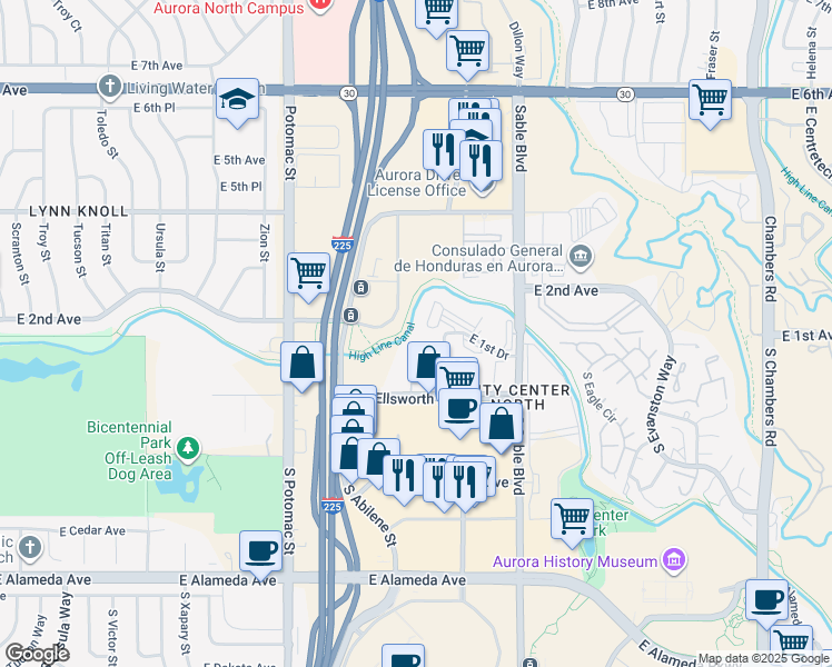 map of restaurants, bars, coffee shops, grocery stores, and more near 14261 East 1st Drive in Aurora
