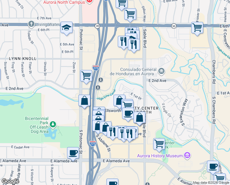 map of restaurants, bars, coffee shops, grocery stores, and more near 14251 East 1st Drive in Aurora