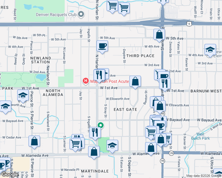 map of restaurants, bars, coffee shops, grocery stores, and more near 5757 West 1st Avenue in Lakewood