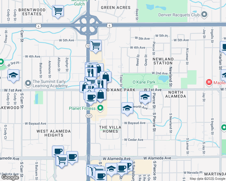 map of restaurants, bars, coffee shops, grocery stores, and more near 7285 West 1st Avenue in Lakewood