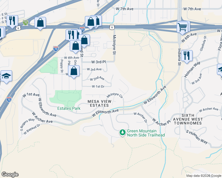 map of restaurants, bars, coffee shops, grocery stores, and more near 15676 West 1st Drive in Golden