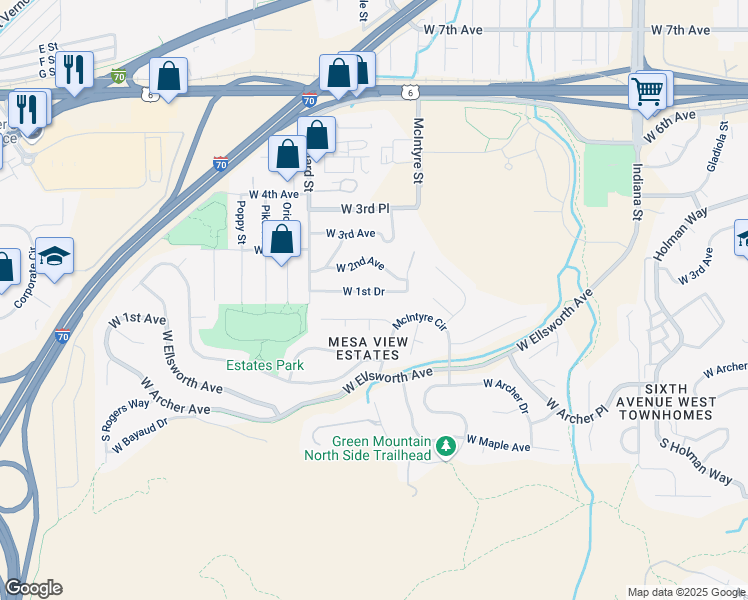 map of restaurants, bars, coffee shops, grocery stores, and more near 15782 West 1st Drive in Golden
