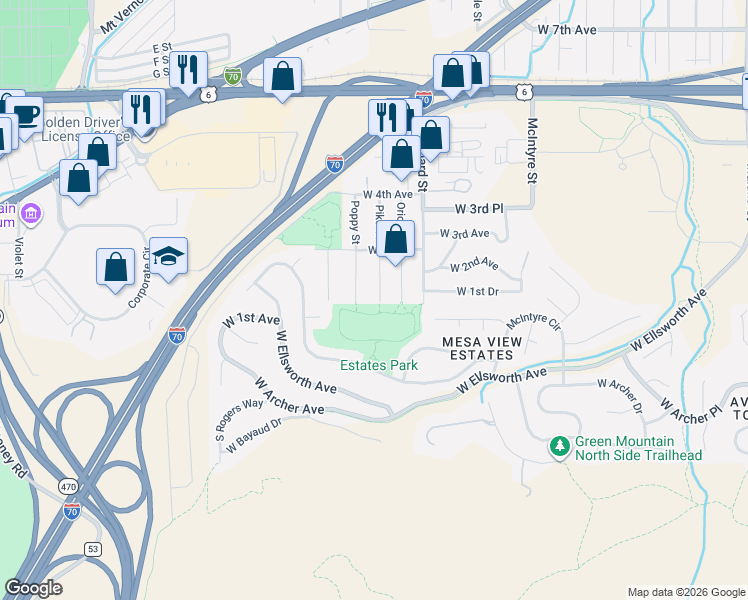 map of restaurants, bars, coffee shops, grocery stores, and more near 115 Pike Street in Golden