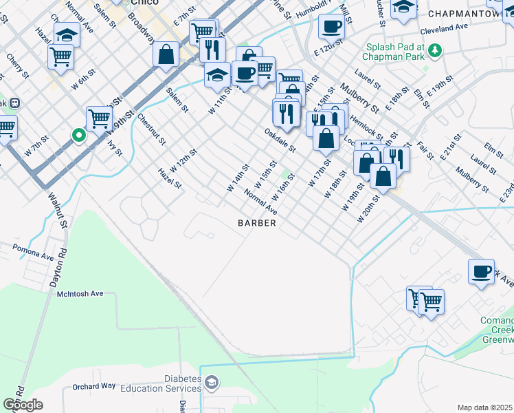 map of restaurants, bars, coffee shops, grocery stores, and more near 431 West 15th Street in Chico