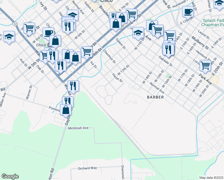 map of restaurants, bars, coffee shops, grocery stores, and more near 1232 Ivy Street in Chico