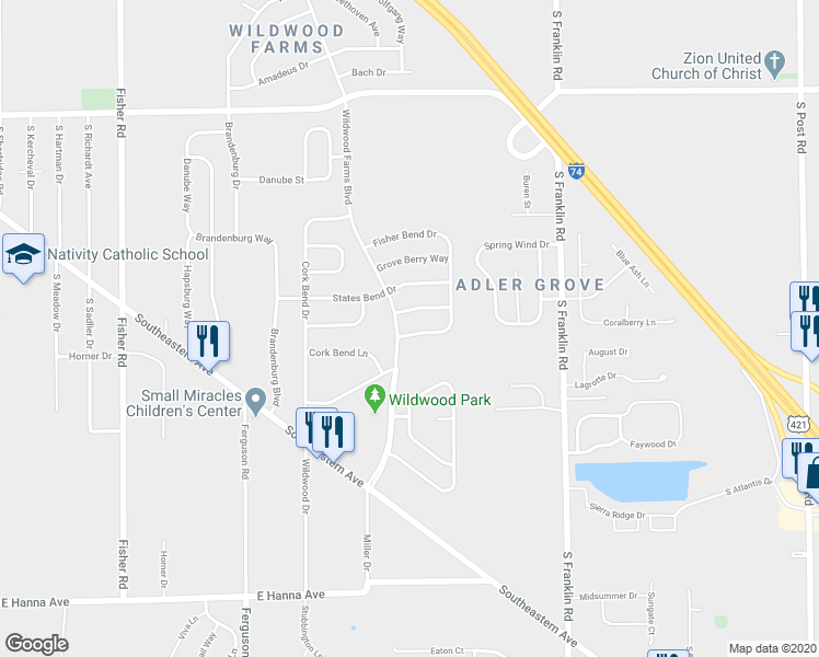map of restaurants, bars, coffee shops, grocery stores, and more near 8042 Wildwood Farms Drive in Indianapolis