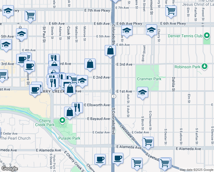map of restaurants, bars, coffee shops, grocery stores, and more near 123 Harrison Street in Denver