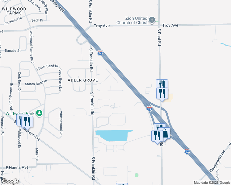 map of restaurants, bars, coffee shops, grocery stores, and more near 8615 Coralberry Lane in Indianapolis