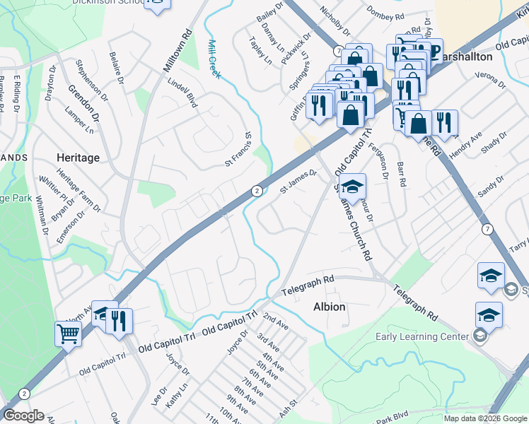 map of restaurants, bars, coffee shops, grocery stores, and more near 2231 Saint James Drive in Wilmington