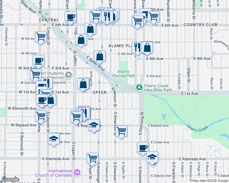 map of restaurants, bars, coffee shops, grocery stores, and more near 100 North Clarkson street in Denver