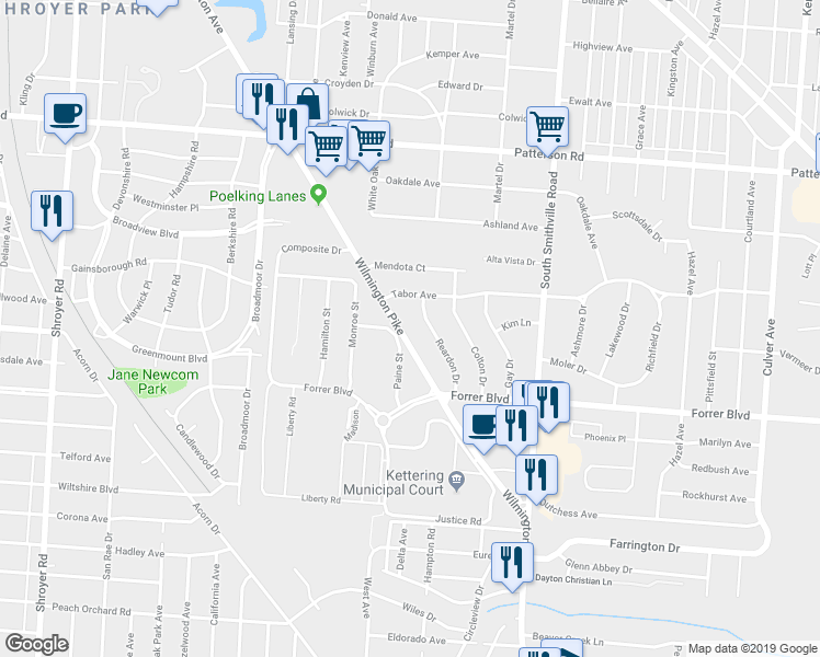map of restaurants, bars, coffee shops, grocery stores, and more near 2024 Wilmington Pike in Dayton