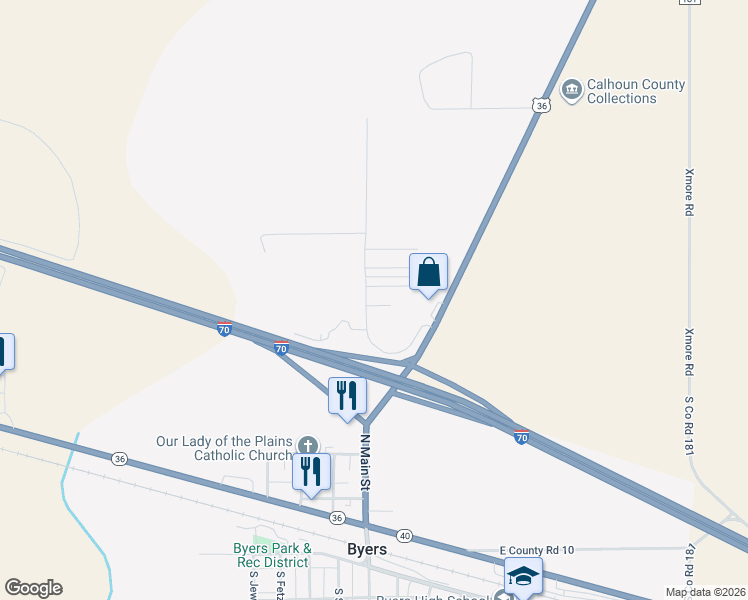 map of restaurants, bars, coffee shops, grocery stores, and more near 2 Devers Avenue in Byers