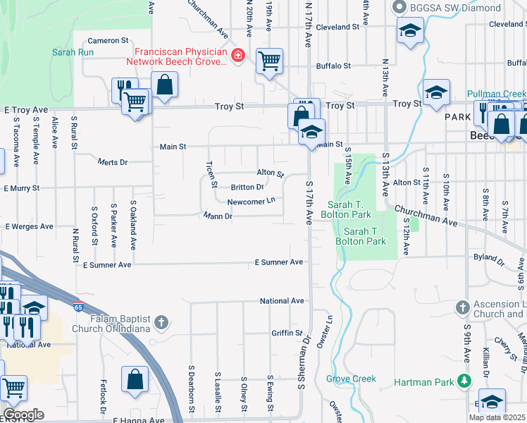map of restaurants, bars, coffee shops, grocery stores, and more near 1948 Mann Drive in Beech Grove